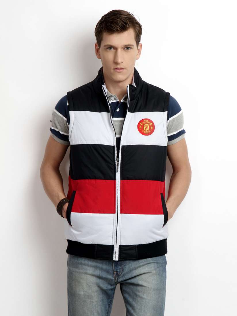 Buy Manchester United Men Black White Striped Padded Sleeveless Jacket Jackets for Men 215052 Myntra