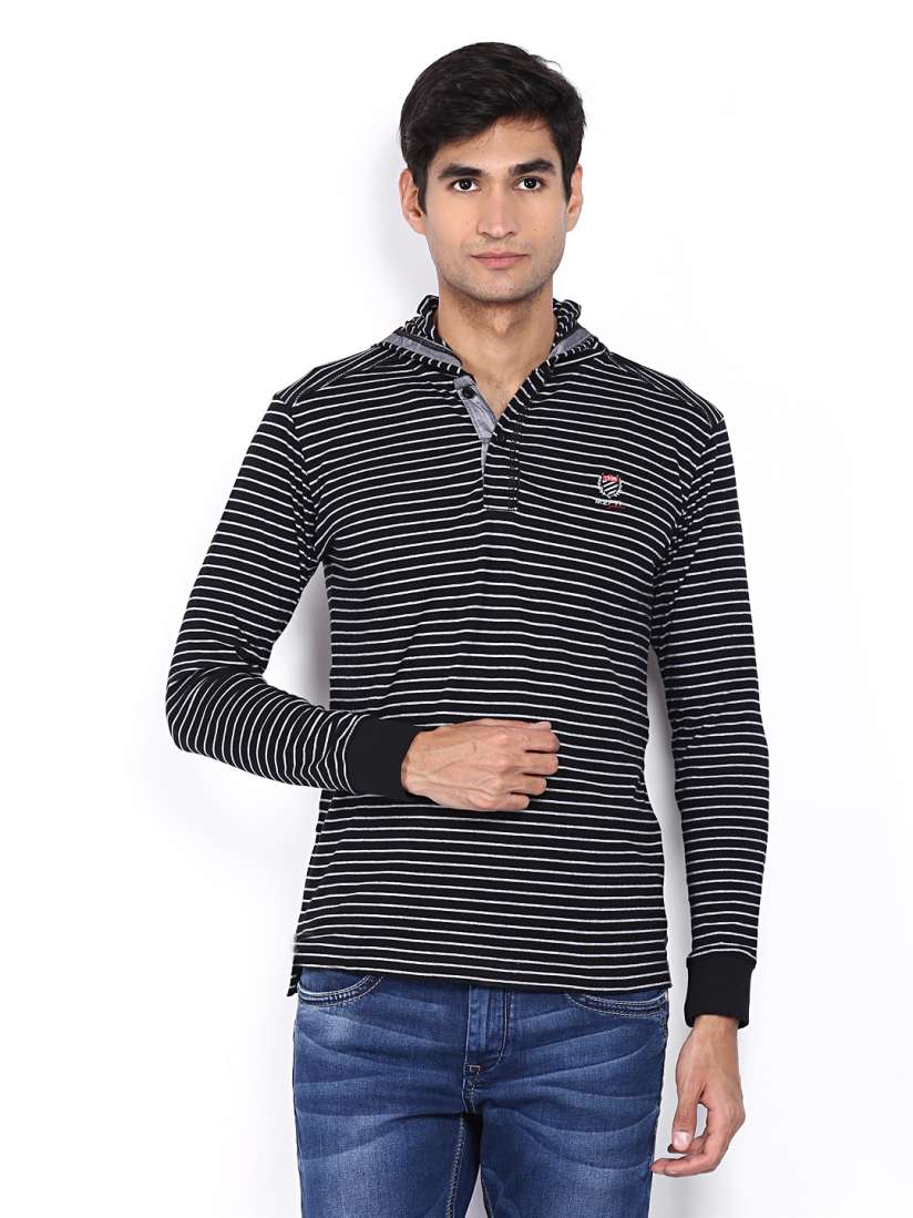 Buy Mufti Men Black Grey Striped Hooded T shirt Tshirts for Men 399762 Myntra