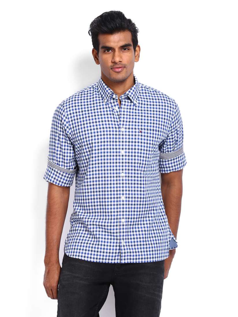 Buy Tommy Hilfiger Men Blue White Checked Brend Custom Fit Casual Shirt Shirts for Men 511249 Myntra