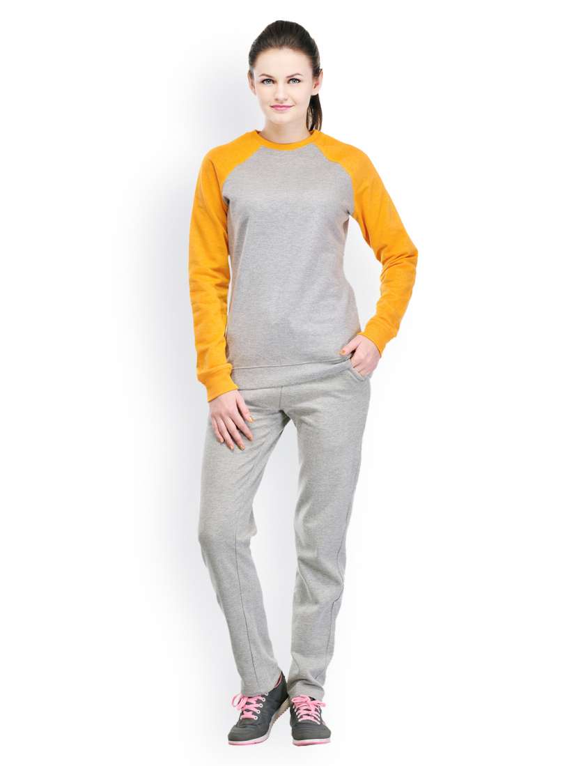 Buy TshirtCompany Women Grey Melange Mustard Yellow Tracksuit Tracksuits for Women 504836 Myntra