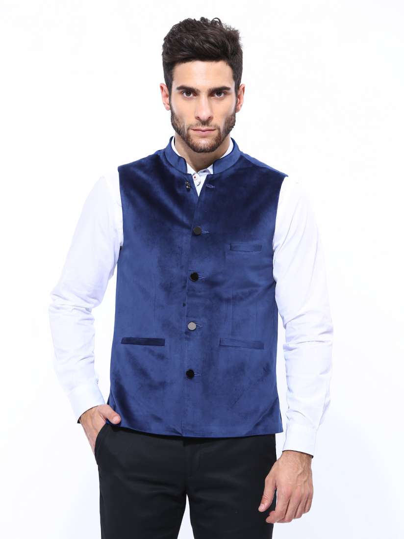 Blue velvet nehru jacket top