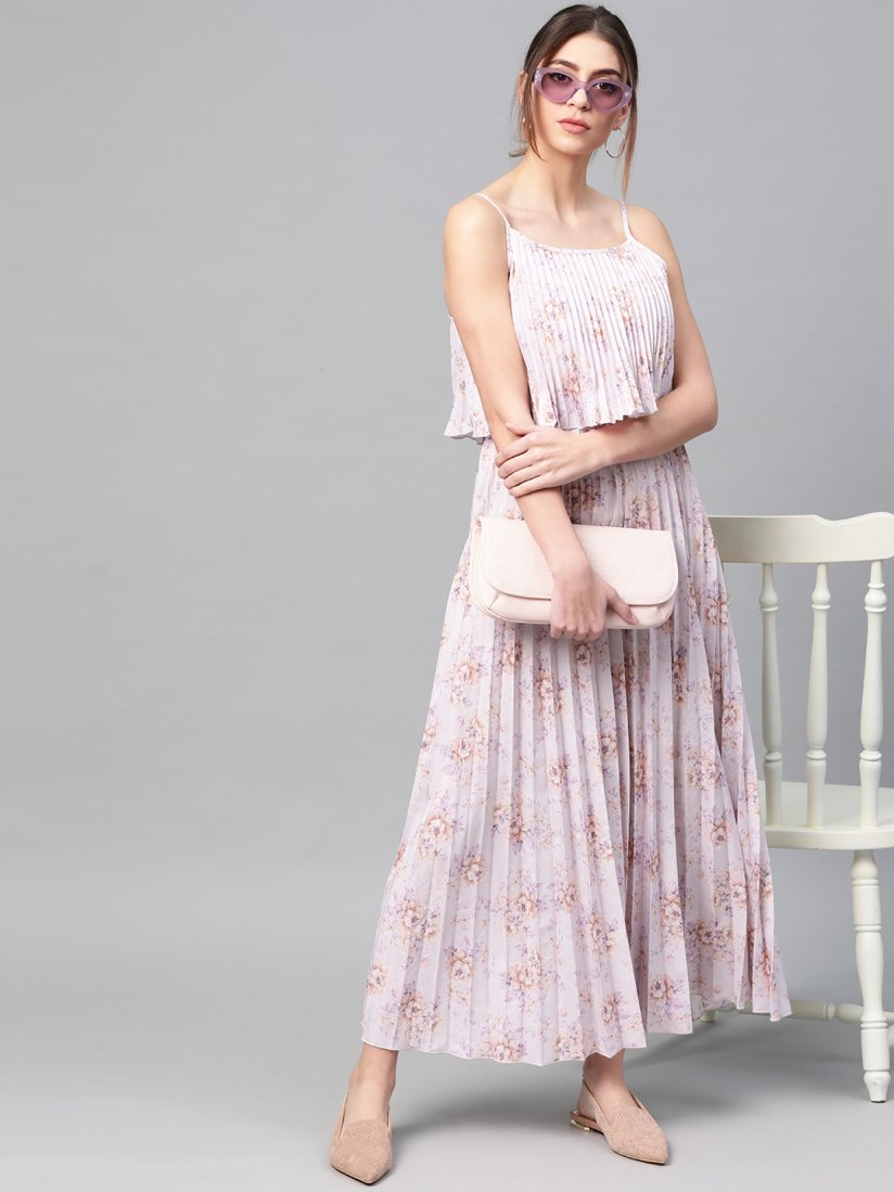 Buy SASSAFRAS Beige Lavender Floral Printed Accordian Pleat Maxi Dress Dresses for Women 11364162 Myntra