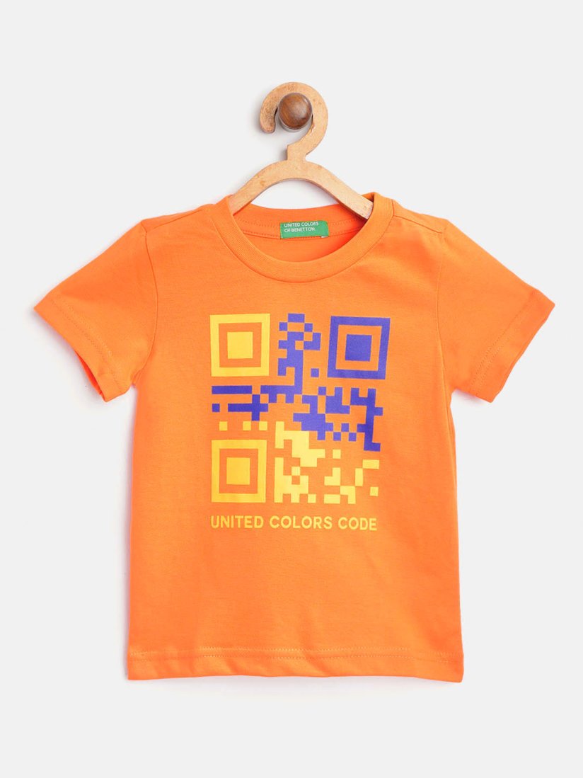 Buy United Colors of Benetton Boys Orange Yellow Pure Cotton Bar Code Printed Pure Cotton T shirt Tshirts for Boys 13346914 Myntra