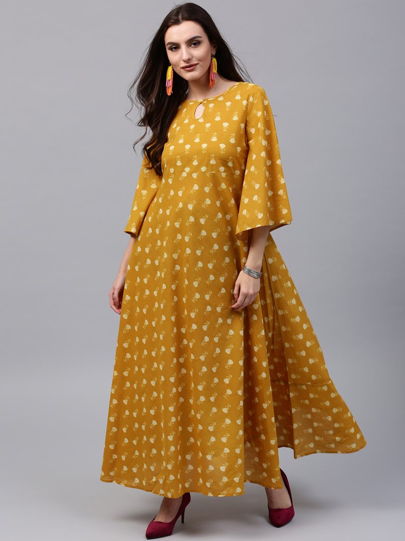 Aks mustard yellow printed maxi dress online