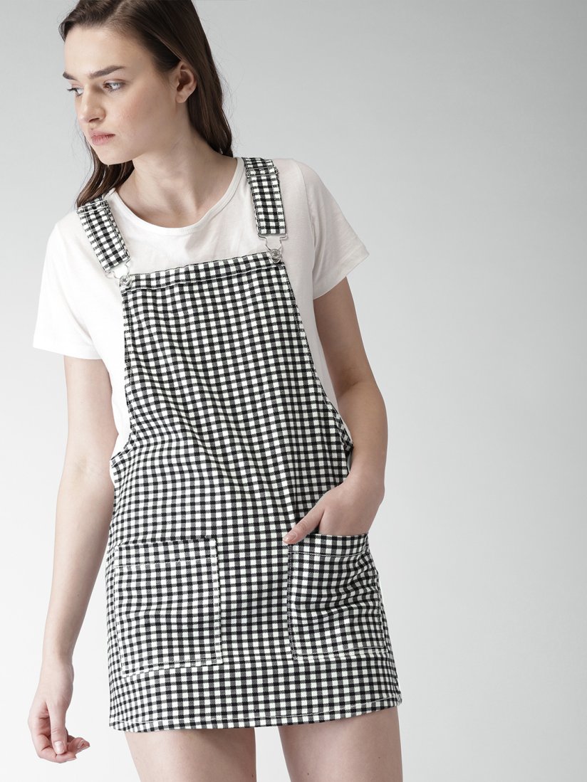 Checkered pinafore dress black and white cheap