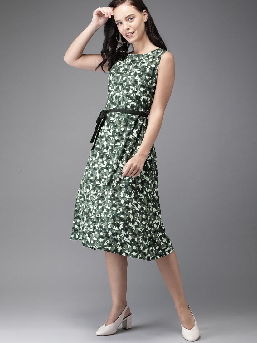 Buy HERE NOW Women Olive Green White Printed Fit and Flare Dress Dresses for Women 7405638 Myntra