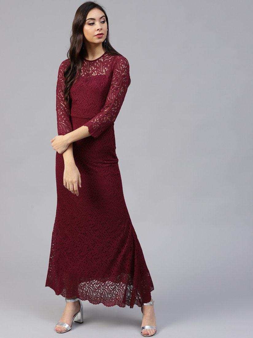 Buy Athena Burgundy Lace Maxi Dress Dresses for Women 7409159 Myntra