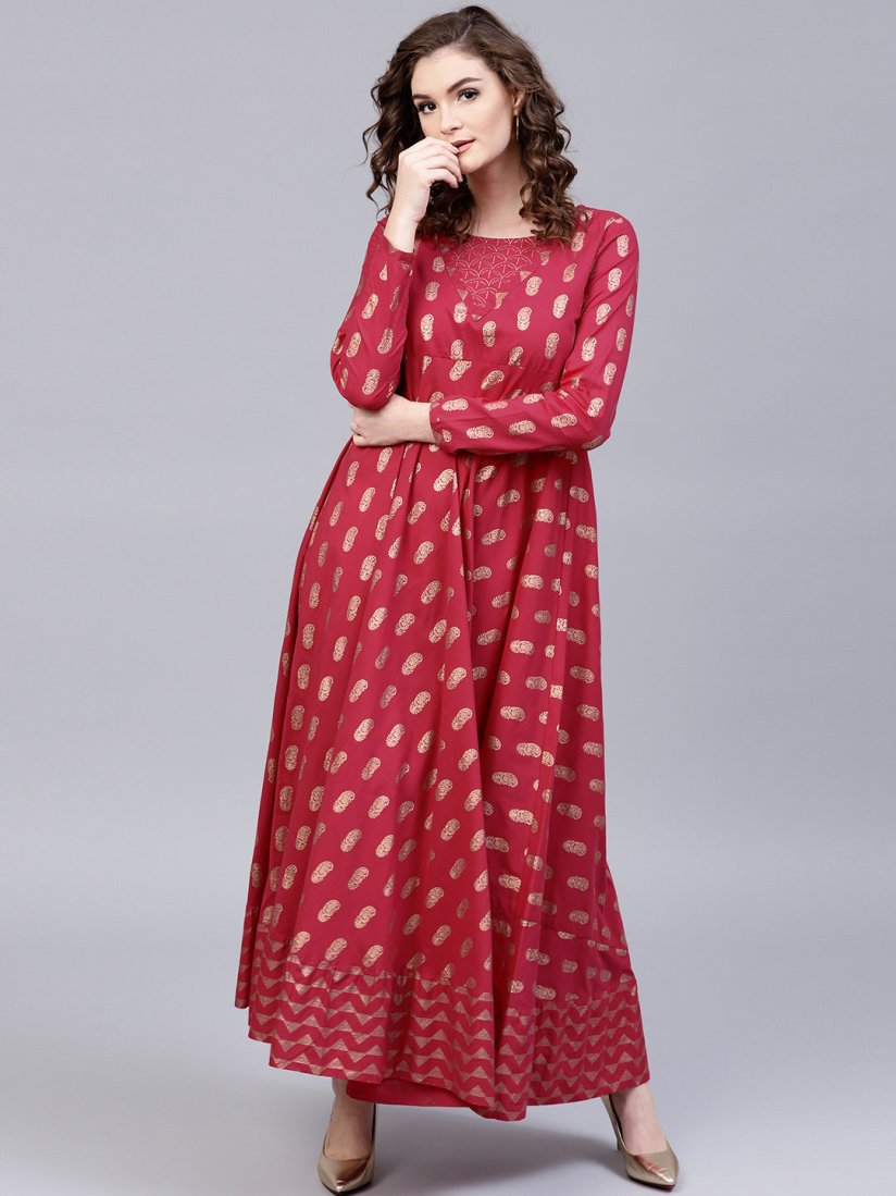 Aks women red printed maxi dress discount
