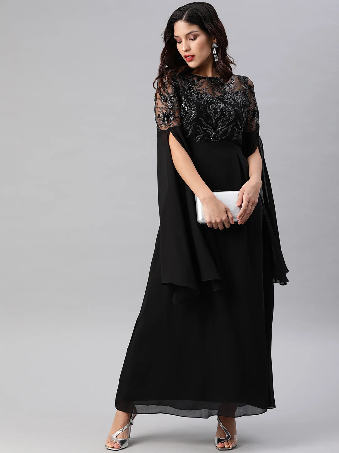 Buy Athena Black Embellished Slit Sleeves Maxi Dress Dresses for