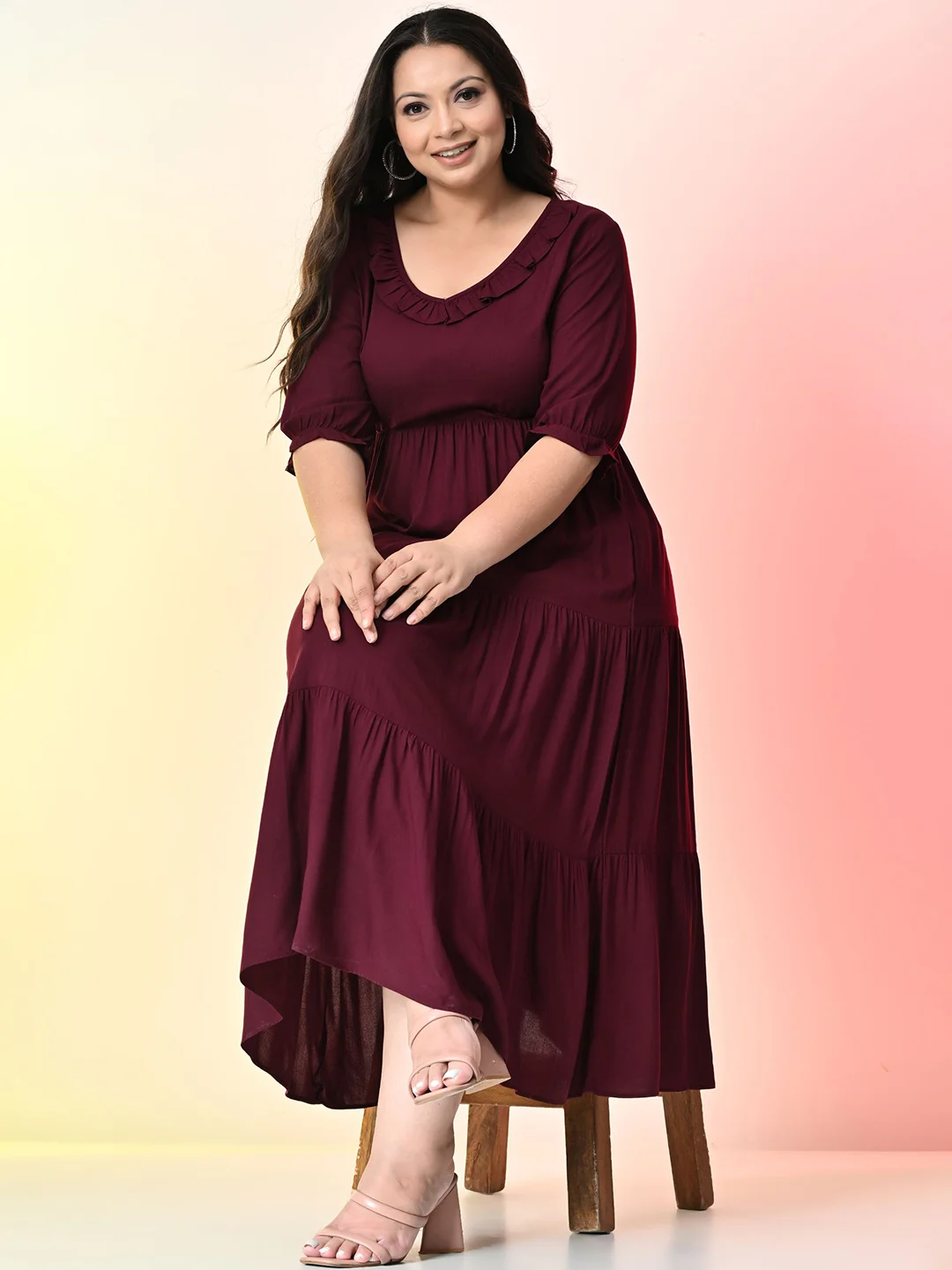 PrettyPlus by Plus Size Puff Sleeve Ruffle Tiered Fit Flare  Midi Dress
