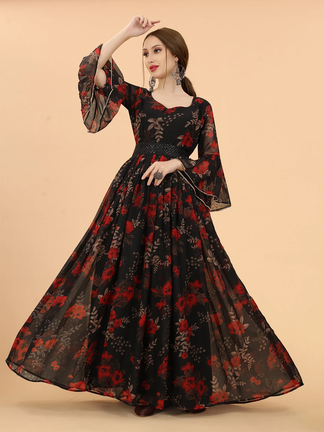 Buy ASPORA Women Black Red Floral Fit And Flare Maxi Dress