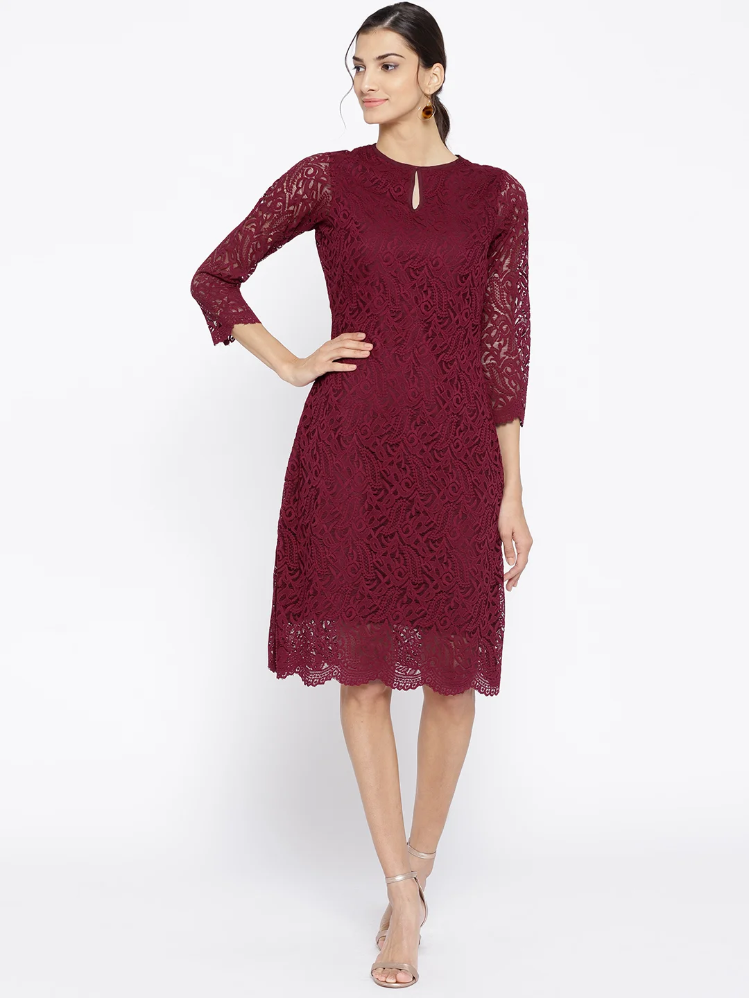 Buy Athena Women Burgundy Lace A-Line Dress Dresses for Women