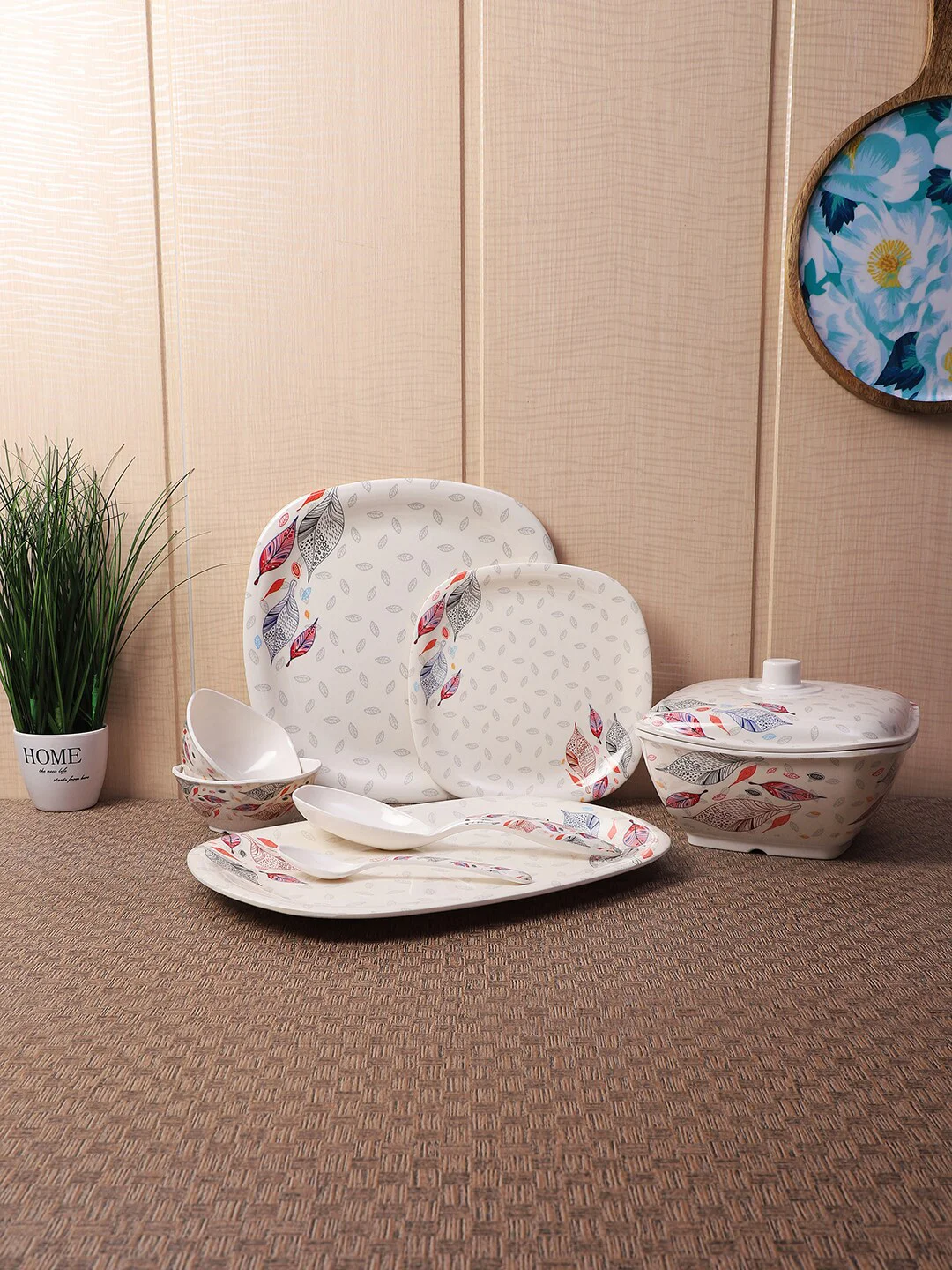 CDI Rose sparkle White Leaf Melamine Dishwasher and Microwave Safe 40 Piece  Dinner Set