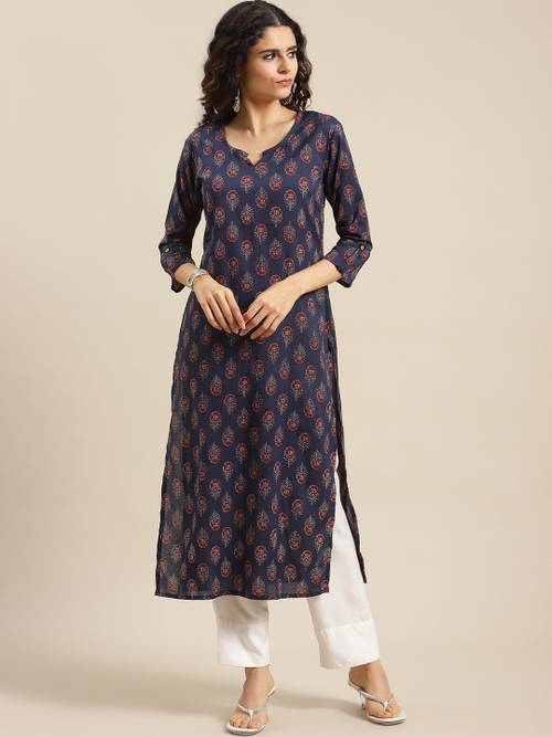 Varanga Women Navy Blue & Red Ethnic Motifs Printed Kurta