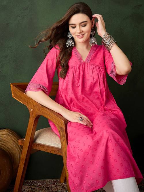 Sangria Women Pink Embroidered V-Neck Three-Quarter Sleeves A-Line Kurta