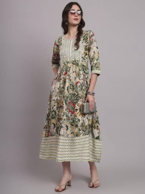 Angkor Women Green Viscose Rayon Kurtas