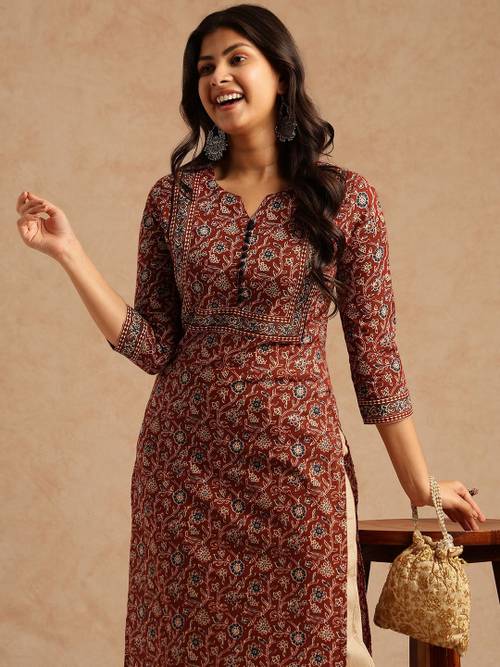 SZN Women Brown Floral Printed With Lace Work Straight Cotton Brown Stitched Kurta