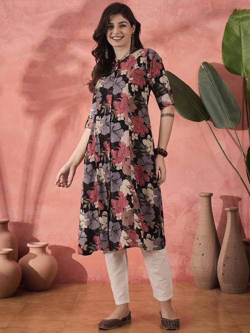 Sangria Black Floral Printed High Slit Mandarin Collar Roll-Up Sleeves A-line Kurta