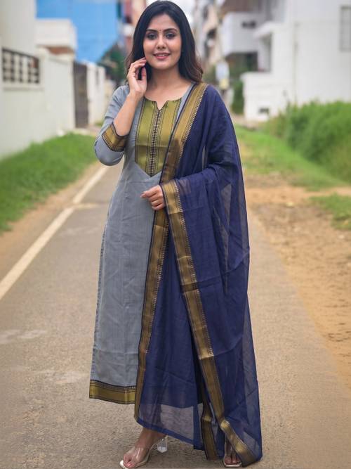 KALINI Chanderi Cotton Embroidered Jacquard Kurta with Chanderi Cotton Dupatta