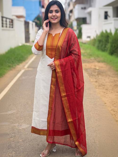 PERVAS Chanderi Cotton Embroidered Jacquard Kurta with Chanderi Cotton Dupatta
