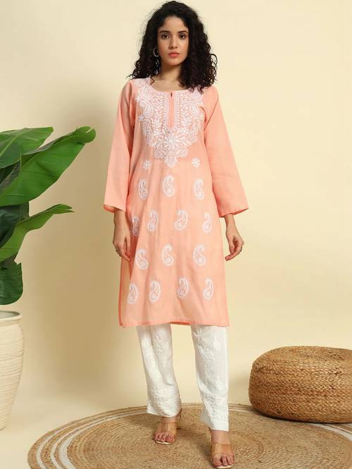 HERE&NOW Women Ethnic Motifs Embroidered Chikankari Handloom Kurta