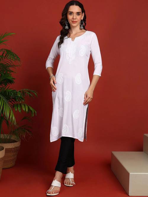 KALINI Women White Floral Paisley Motifs Embroidered Chikankari Rayon Straight Kurti