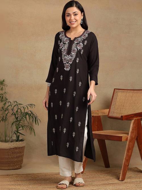 KALINI Women Dark Brown Foral Embroidered Lucknowi Chikankari Rayon Straight Kurta