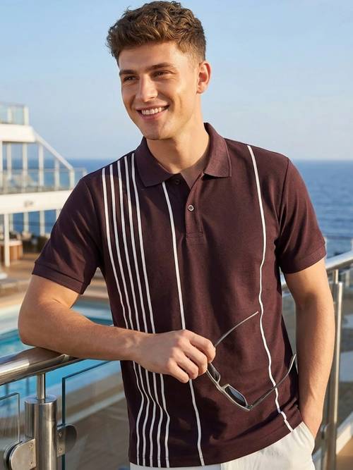 HERE&NOW Men Striped Polo Collar T-shirt