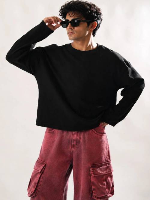 BEOVER Men's Black Boxy Crop T-shirt with Drop-Shoulder