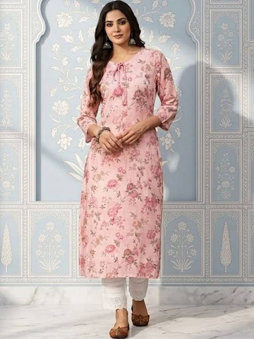 Sangria Printed Cotton Round Neck Calf Length Straight Kurtas