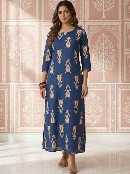 Sangria Printed Cotton V-Neck Calf Length Straight Kurtas