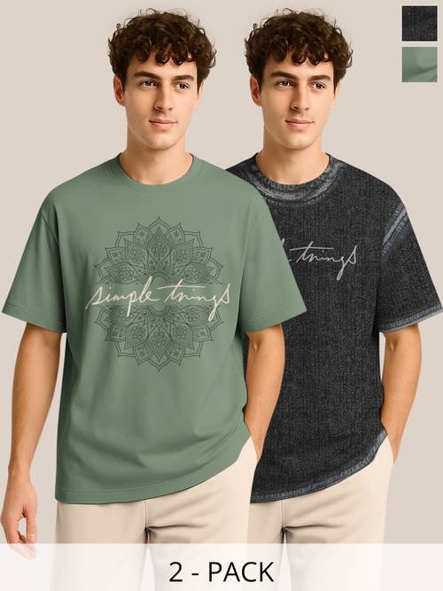 BULLMER Pack Of 2 Graphic Printed Crew Neck Drop Shoulder Oversized T-shirts