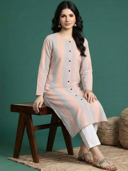 Sangria Striped Round Neck Calf Length Straight Kurtas