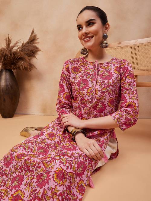 Anouk X fwd Floral Printed Round Neck Cotton Straight Kurta