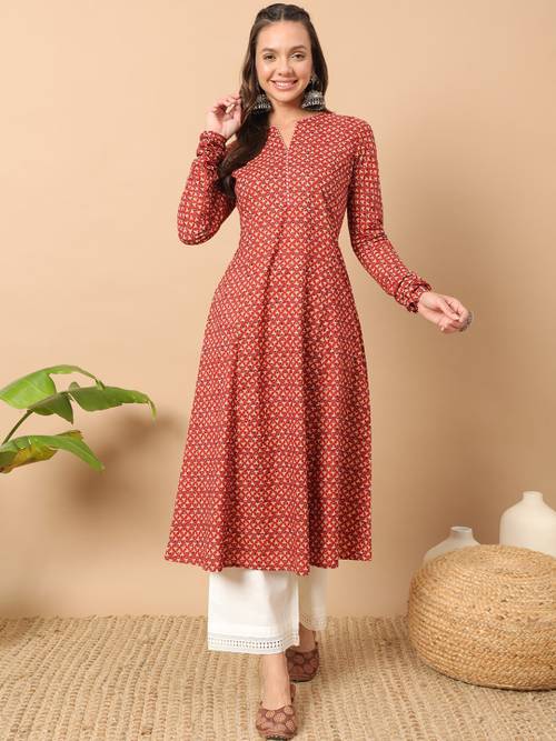 FIORRA Floral Printed Notch Collar Thread Work Cotton A-Line Kurta