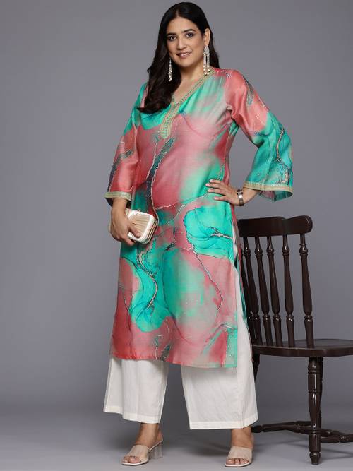 A PLUS BY AHALYAA Plus Size Printed Flared Sleeves Chanderi Kurta
