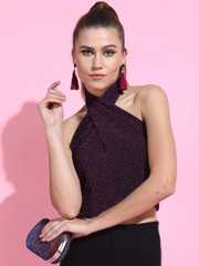 Buy Tokyo Talkies Black & Burgundy Halter Neck Crop Top - Tops for
