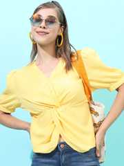 Buy Tokyo Talkies Yellow Twisted Crepe Wrap V-Neck Top - Tops for