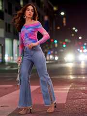 Buy bebe Women Denim Daze Beaded High-Rise Wide Leg Jeans with