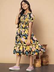 Buy ZWERLON Girls Floral Printed Puff Sleeve Fit and Flare Midi