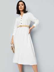 Buy Max Women Solid White Shirt Collar A-Line Midi Dress - Dresses