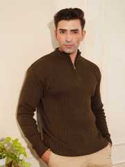 Buy Kvetoo Wool Men Ribbed Long Sleeve High Neck Half Zipper