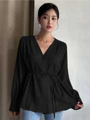 Buy SZN Black Longline V-Neck Tie-Up Cuffed Sleeves Top - Tops for