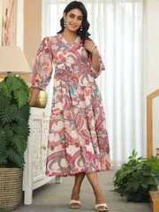 Buy LERIYA FASHION Paisley Printed Puff Sleeves A-Line Midi Dress