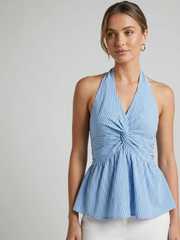 Buy HIGH BUY Checked Halter Neck Twisted Cotton Top - Tops for