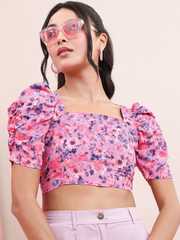 Buy Tokyo Talkies Floral Print Puff Sleeves Crop Top - Tops for
