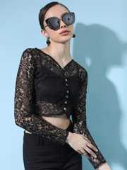 Buy Tokyo Talkies Burgundy Self Design Lace Crop Top - Tops for