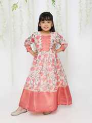 Buy KID1 Girs Peach & Red Floral Printed Round Neck Gathered Maxi