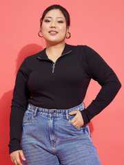 Buy SASSAFRAS Curve Plus Size Black Knitted Rib Front Zipper