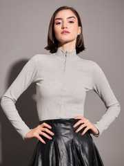 Buy SASSAFRAS Ribbed High Neck Front Zipper Fitted Top - Tops for